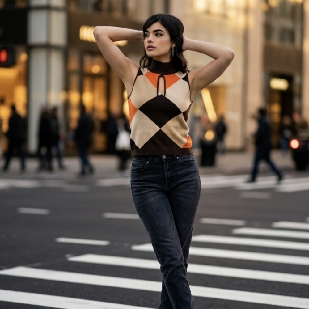 Cache/Bette Paige Argyle Sleeveless Keyhole Knit Top in Brown, Tan & Orange